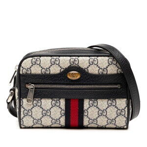 Gucci GG Supreme Ophidia Shoulder Bag Navy Blue Beige Tan Leather